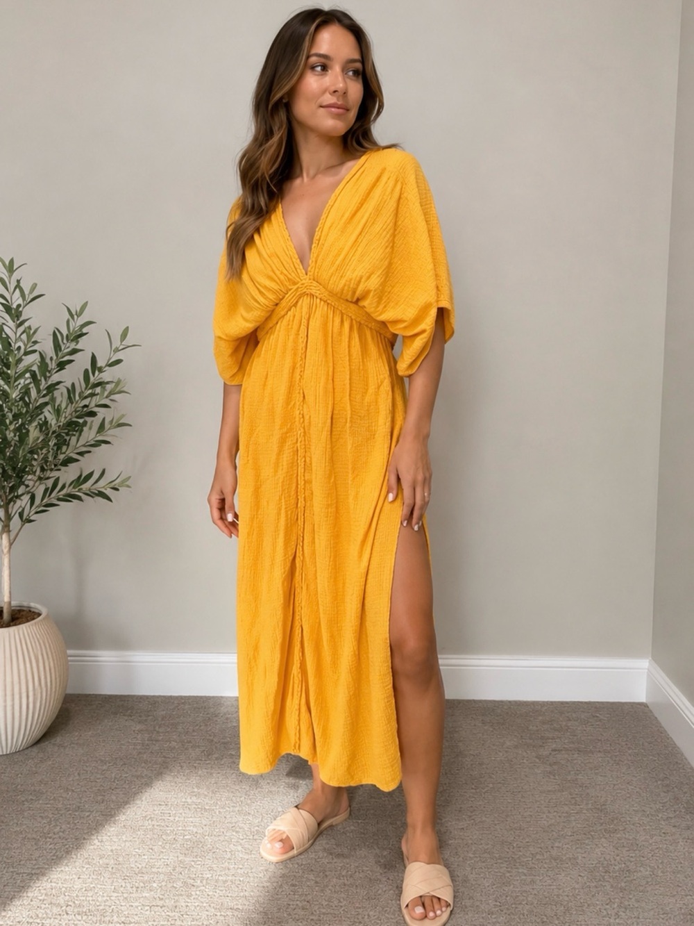 America & Beyond Yellow Cotton Gauze Braided Boho Maxi Dress M